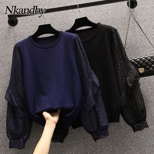 Shirt Nkandby Plus Size Hollow Out Mesh Patchwork Knitted Sweaters Women 2023 Autumn Fashion Ruffles Style Oversized Pullovers Jumpers