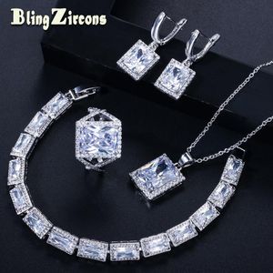 Naszyjnik Zestaw Beaqueen Square Księżniczka Cut Clear Cubic Zircon Stone Bransoletka ślubna Pierścień Kobiet Party Biżuteria JS144