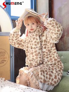 Women's Trench Coats Japanese Style Cute Girl Leopard Print Plush Winter Sweet Thickened Long Sleeve Cheetah Mid-length Jacket Female