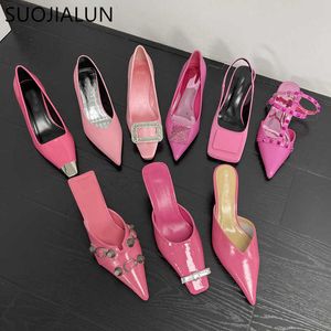 Brand Sandals Women 2024 Fashion New SUOJIALUN Spring Pink Pointed Ladies Elegant Thin High Heel Shoes Dress Pumps Sandal T230208 627