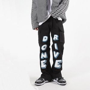 Männer Jeans Retro American Street Print Männer Werkzeug Zurück Zipper Desigh Hip-hop Denim Hosen Hohe Baggy Große Tasche Cargo Hosen männer