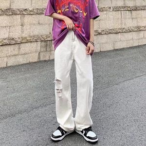 Męskie dżinsy Summer White Ripped Men Fashion Casual Gree Noge Streetwear Lose Hip Hop Prosty Hole Denim Spodnie Męskie spodnie