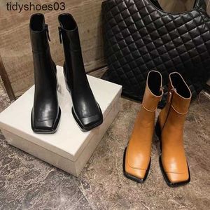 Designer The row leather high heel Martin boots for women in autumn New style square head side zipper thin leg thick heel