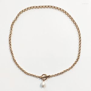 Choker Simple Punk Round Chain Gold-color Stainless Steel Necklace High-quality Color-fast Jewelry Real Pearl Embellishment