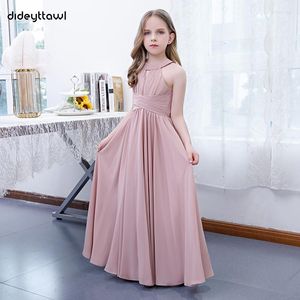 Flickaklänningar DideyTtawl Dusty Rose Chiffon Halter Pleated Flower Junior Bridesmaid Dress Sleeveless Kid Födelsedagsfestklänningar