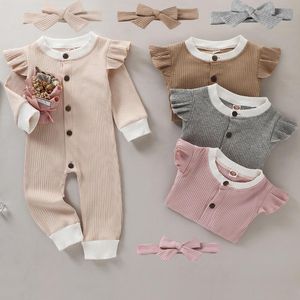 Jumpsuits Born Baby Boys Girls Ruffles Rompers Cotton Single Breasted Autumn Long Sleeve Headband Infant 2Pcs Outfits Sets