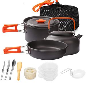 Camp Kitchen Camping Cooking redskap utomhus aluminiumbordsartiklar Set Kettle Pans krukor Vandring Picknick Resande turistförsörjning utrustning 230210