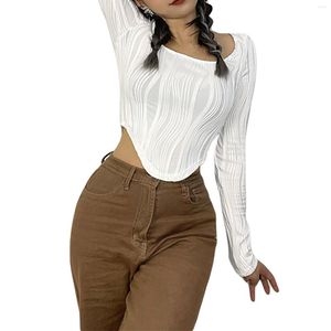 Women's T Shirts Women's Solid Color Long Sleeve Crew Neck T-Shirt Slim Fit Pleated Tight Pullover Tee Shirt Top Basic Tunic Blouses