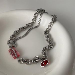 Hänge halsband punk stil silver färg metall klavikel halsband för kvinnor flickor rosa sqaure kristall hängen temperament chunky tjock chok