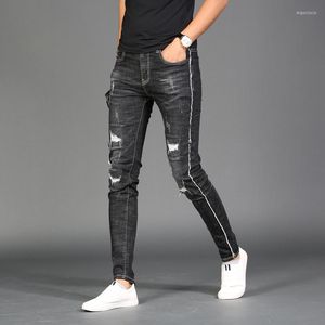 Mäns jeans sträcker män svart rippad sida rand rakt smala fit byxor mode streetwear grov selvedge denim byxor