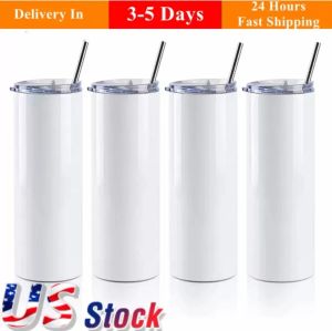 2 Days Delivery 20oz Sublimation Tumblers With Plastic Straw 304 Stainless Steel Straight White Blank Coaster Mugs Outdoor Doubel Wall Thermos US Local Warehouse