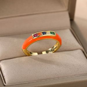 Solitaire Ring emalj Multicolor Zircon S för kvinnor rostfritt stål droppande olja Öppet justerbar finger 2022 Trendparty juvelera gåva Y2302