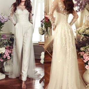 Boho abito da sposa tute da sposa con tasche giacca da treno staccabile in pizzo 3D Applique floreale per abiti da sposa Long Primavera estate