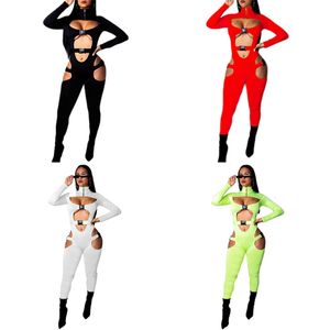 Kadın Tulumları Seksi Kadınlar Bodycon Tulum Düz Renk Tulumları Uzun Kollu Tulumlar Bodysuits High Neck Hollow Out Ture Biker Kısa Küpe Giyim 230210