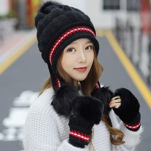 Luvas de lençóis Luvas Define kits femininos de malha de chapéu de encaixe e peles falsificadas 2pcs Conjunto de inverno acessório preto branco azul rosa