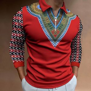 Herrpolos African Print Long Sleeve Polo Shirt Casual Retro Ethnic Clothing in European Size S-3XL 230211