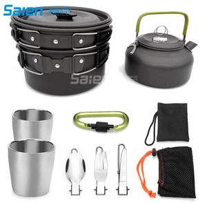 10 -stcs camping kookgerei mess kit lichtgewicht pot pan kettle met 2 kopjes vork messpoon kit voor backpacken outdoor camping hik5850784