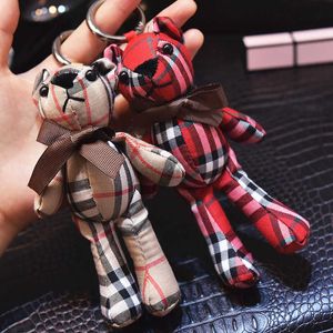 Key Rings Creative plaid fabric bear plush toy striped bow tie teddy bear doll pendant bear bag doll charm keychain G230210