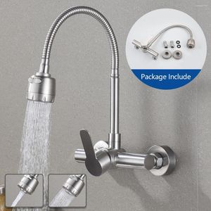 Kitchen Faucets Faucet Stainless Steel Wall Mounted Cold & Water Sink Tap 360 Degree Swivel Flexible Hose Double Holes