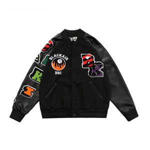 Men's Jackets Fried Street Stitching PU Hip Hop Baseball Jacket Harajuku Retro School Team Casual Cotton Fashion Style