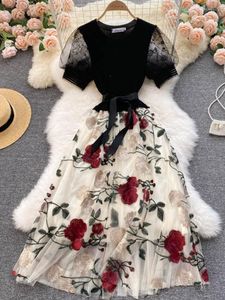 Sukienki na co dzień FTLZZ Lato Eleganckie Kobiety Rose Haft Midi Sukienka W Stylu Vintage Lady Lace Mesh Patchwork Kwiatowy Print