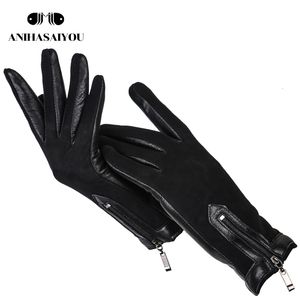 Five Fingers Gloves Zipper short women's leather gloves High grade sheepskin women's winter gloves Matte leather black women's gloves - 0716 230210