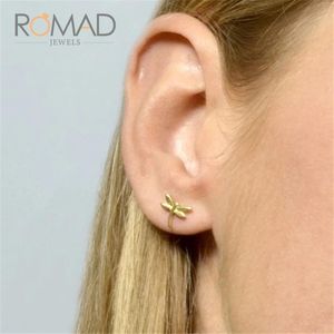 Pendientes de tuerca Romad Fashion S925 plata esterlina Ins Wind Cactus/libélula hoja flecha pescado hueso frijol para regalo de mujer