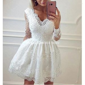 Party Dresses Fashion Short Homecoming Ruffles Lace Little White Dress Sheer Long Sleeves V Neck Prom Cocktail