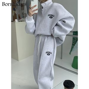 Zweiteiliges Kleid Bornladies Damen Baumwoll-Sweatshirt-Anzug Übergroße Sets Weiblicher Stehkragen Loses Sweatshirt Lange Hosenanzüge Kurze Sets 230210