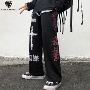 Calça masculina aolamegs calças góticas homens japoneses casuais calças de moletom de graffiti anime punk hippie largura de perna larga harajuku high street streetwear 230211