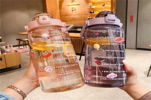 2L Sports Straw Water Bottle with Stickers Portable Large Capacity Fitness Bike Cup Summer Ice Cold Jug Time Marker 2201252471659