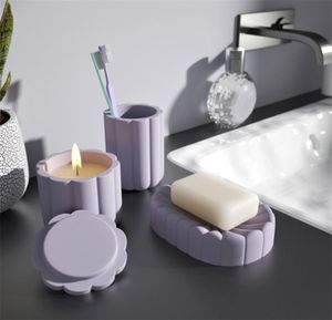 Concrete Silicone Candle Jar Mold DIY Cement Soap Dish Bathroom Accessories Set Mould Nordic Toothbrush Holder Making Tool 2205312202585