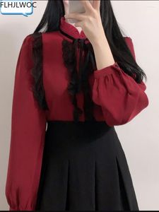 Women's Blouses 2023 Spring Women's Cute Sweet Black Lace Vintage Ruffled Tops Korea Japan Preppy Button Elegant Formal Shirts White 102