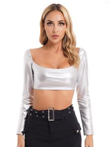 Koszulki damskie seksowne damskie metalowe długie rękawie Top moda Soild Color Slim Fit Square Neck T-shirt do Rave Party Club Music