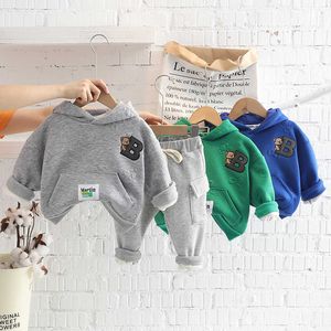 Clothing Sets Autumn and winter new baby cartoon bear long sleeve suit children's plush hooded sweater trousers twopiece simple casual sports
