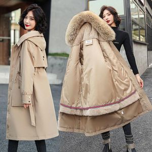 Trench feminina casacos mulheres parkas casaco de inverno longo com capuz -30 graus neve use roupas design de pêlo de pele destacável linning grosso de algodão padde