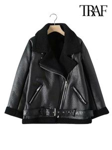 Women's Jackets TRAF Women Fashion Thick Warm Winter Fur Faux Leather Oversized Jacket Coat Vintage Long Sleeve Female Outerwear Chic Tops 230210