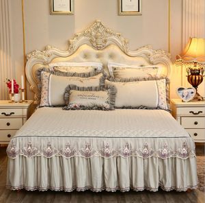 Bed Skirt Beige Microfiber Fabric Princess Lace Bedspread Bed Skirt With Cotton Warm Thick Bedding Bed Cover Pillowcase Queen King Size 230211