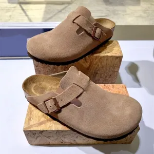 Sand￡lias de chinelos unissex de couro genu￭no naturais praia sliders sapatos casuais couro cinza feltro hombres mujeres externo externo woody buckle tira designer