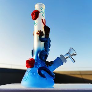 10 Inch Glass Bong Water Pipe 3D Blue&Purple&Green Lizzard Roses Glass Bong Water Pipes Dab Rig Hookah Smoking Bubbler 14mm Bowl&Stem