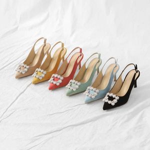 Sandals Summer New Women Pointed Toe Sandals Fashion Slingback Flock Pumps Crystal Square Buckle High Heels Lady Concise pumps Shoes G230211