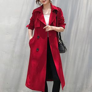 Kvinnors dike rockar Autumn Korean Women Red Trench Coat with Sashes Elegant Double Breasted Long Sleeve Lapel Mid-Length Windbreaker Female 230211