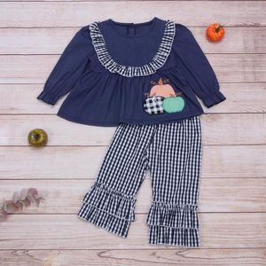 Наборы одежды тыквенная вышивка решетчатая рубашка для маленькой девочки одежда на костюм темно-синие топ с длинным рукавом черные белые брюки для детей 1-8 т.