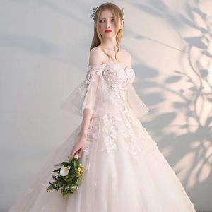 Böhmische Strand-Hochzeitskleider mit Spitze in A-Linie, schulterfrei, Tüll-Applikation, Sweep-Zug, Boho-Hochzeitskleid, Brautkleider, Robe de Mariee