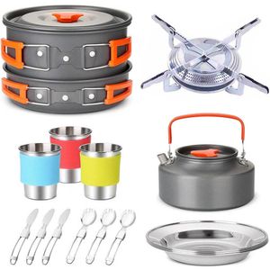 Camp Kitchen Camping Travel Equipment Tableware Cookware Kit Pots Gas Stove Accessories Kitchen Utensils Sets Picnic BBQ Supplies 230210