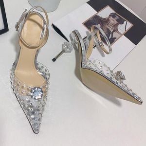 Dress Shoes Transparent Crystal High Heels Diamond Insert Silver Heel Pointy Toe Slingbacks Bridal Wedding Pumps Bling Women