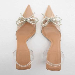 Sandálias Traf 2023 Slingbacks Saltos altos Mulheres transparentes bombas de pérolas Sapatos Mulher Clear Bow Sandálias Elegantes Sapato Noiva G230211