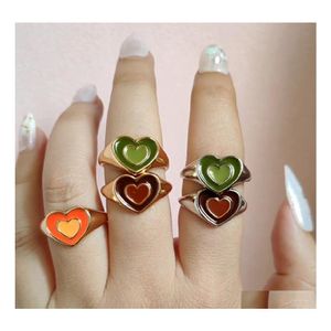 Ringos de banda Ins Creative Creative Cute Futiful Double Camada Love Heart Ring Vintage Drop Oil Metal For Women Girls Fashion Jewelry Delivery Dhaxw