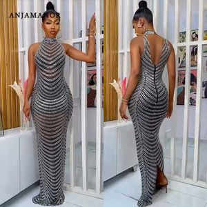 Casual Dresses Anjamanor Rhinestone Sparkly Mesh Backless Bodycon Maxi Dress Sexig Ladies Party Gown Birthday Nightclub aftonklänningar D42-GE42 T230210