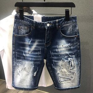 Shorts Męskie ubranie proste dżinsowe spodenki Elastyczne klasyczne niebieskie dziura Patch Street Hip-Hop Długość kolan dżinsy dla mężczyzn Bermudy P230525